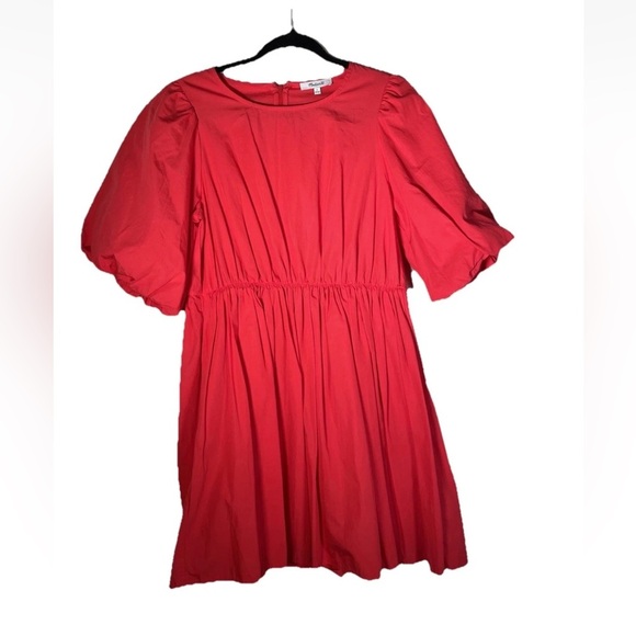 Madewell Poplin Cotton Crewneck Bubble Short Sleeve Mini A-line Dress Sz 6 Red - Picture 6 of 16